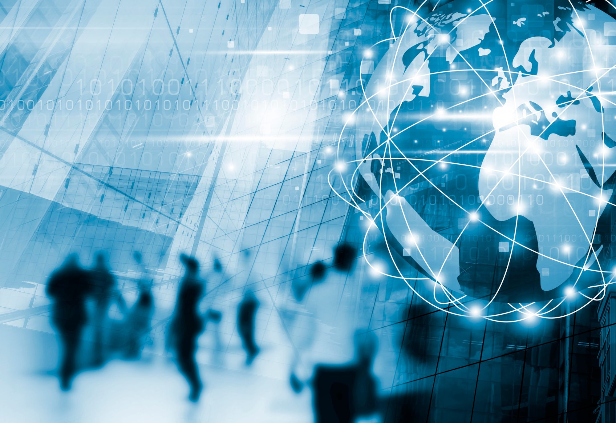 A busy office environment with a web network concept in the foreground