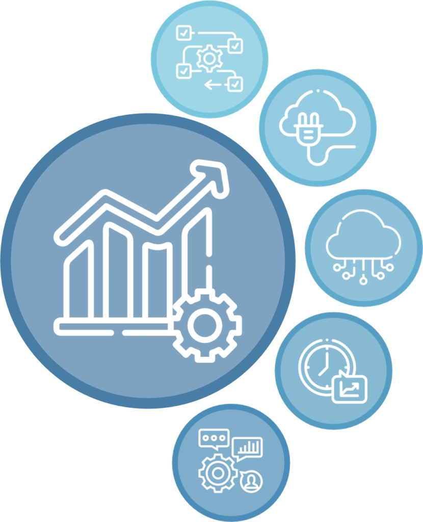 Five blue circles with white illustrations of a revenue graph, operation flows, and cloud infrastructures, and time management