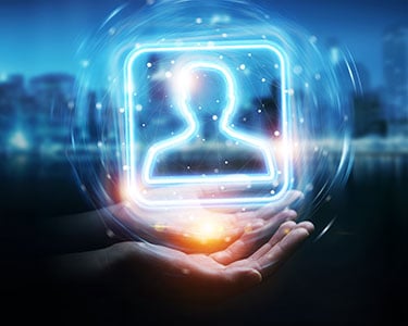 Man hand using digital blue holographic user interface 3D rendering