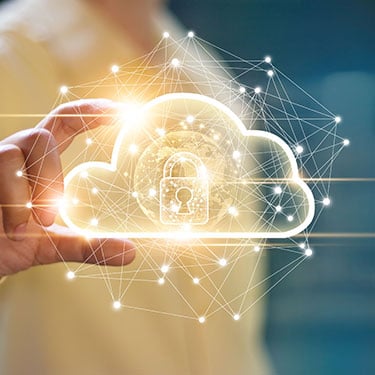 Man holding cloud computing data and security on global networking