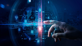 Finger pointing at floating computer generated image