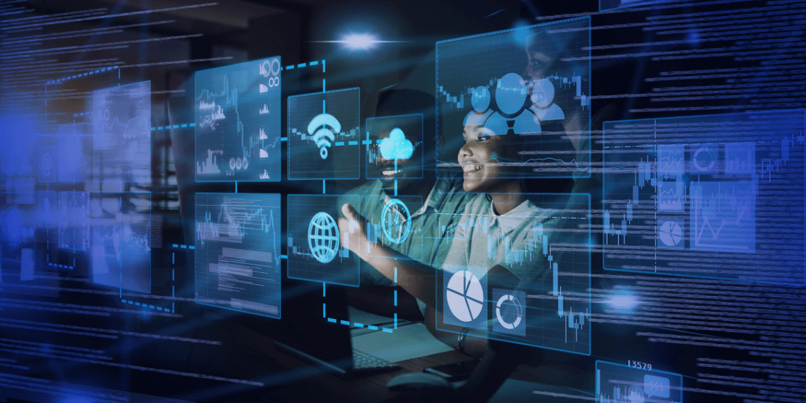 IT team member working on a digital transformation strategy at her desk with an AI and technology overlay