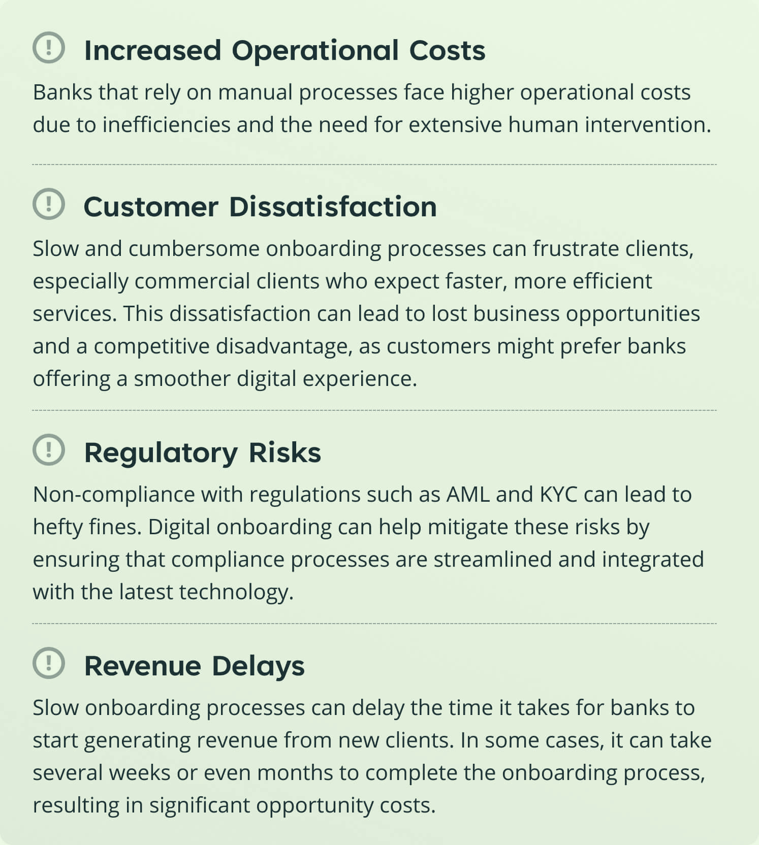 An infographic outlines four key challenges banks face with manual processes: increased operational costs, customer dissatisfaction, regulatory risks, and revenue delays, highlighting inefficiencies, compliance issues, and lost opportunities.